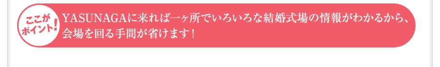 YASUNAGAに来れば一ヶ所でいろいろな結婚式場の情報がわかるから、会場を回る手間が省けます！